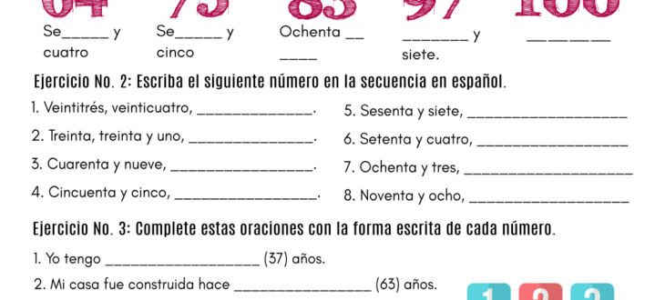 Numbers from 20 to 100 Spanish PDF Worksheet Los números ejercicios español