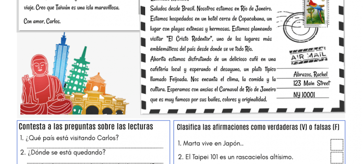 Postales de viajes en español ejercicios lectura travel postcards in Spanish pdf reading worksheet