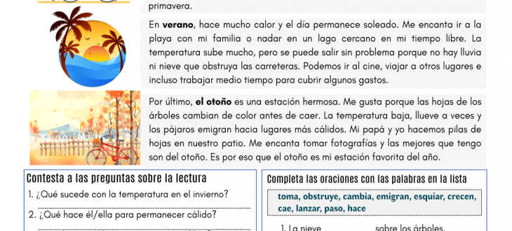 mi estación favorita en español lectura ejercicios my favorite season in Spanish reading pdf worksheet