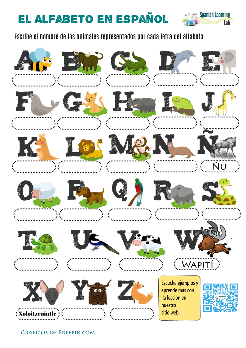 Alphabet in Spanish with Animals: worksheet - PDF