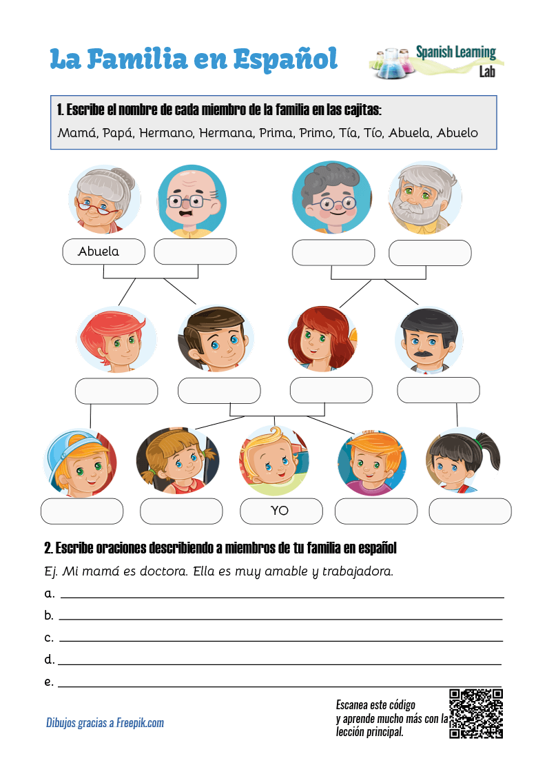 Family Tree in Spanish: PDF Worksheet - SpanishLearningLab Intended For Spanish Family Tree Worksheet