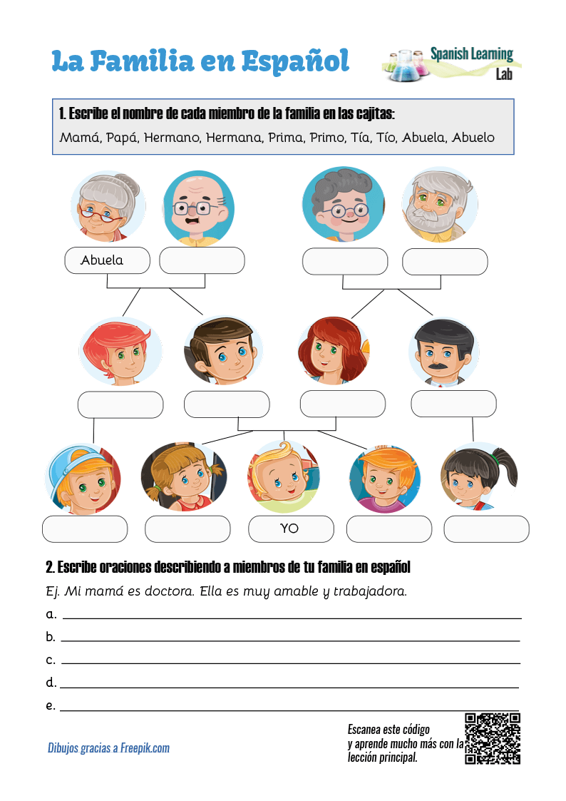 Hoja de trabajo con ejercicios sobre los miembros de la familia en español en PDF