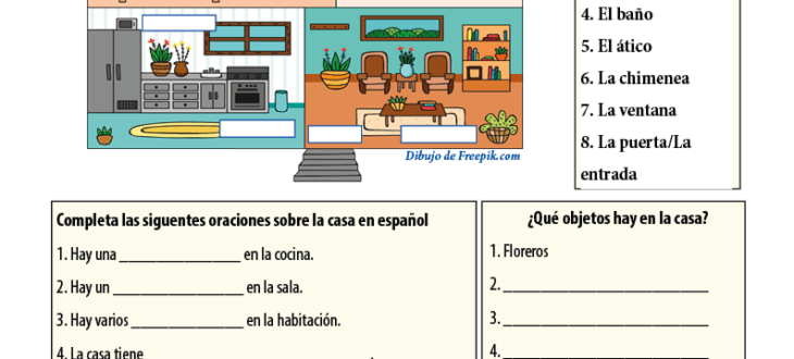 Las partes de la casa en español ejercicios en PDF de vocabulario y escritura