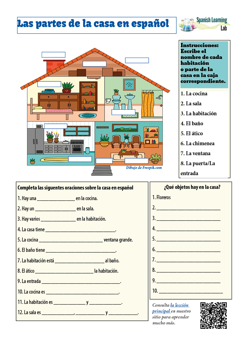 Rooms and Parts of the House in Spanish: PDF Worksheet