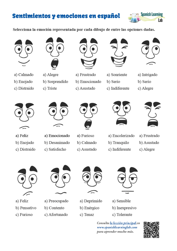 Adjectives for Feelings and Emotions: Spanish Worksheet PDF hoja de trabajo sentimientos y emociones en español