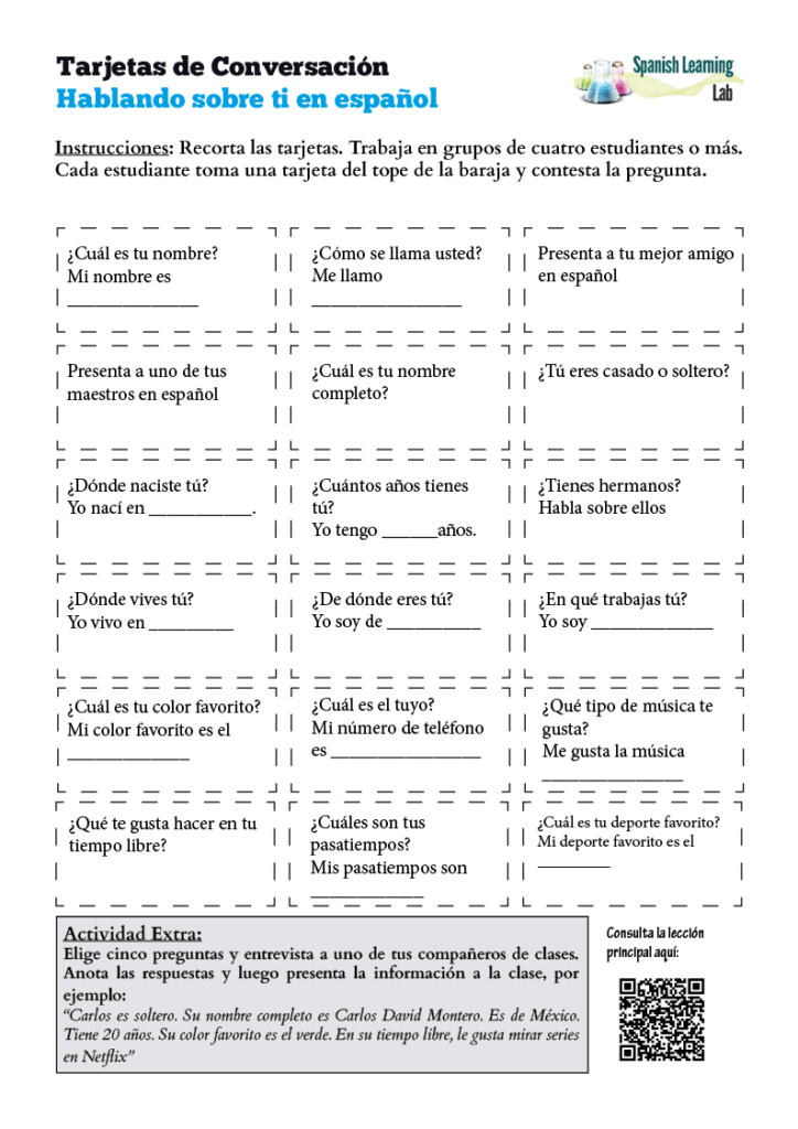 Talking about Yourself in Spanish: PDF Worksheet - Hablando sobre ti en Español. 