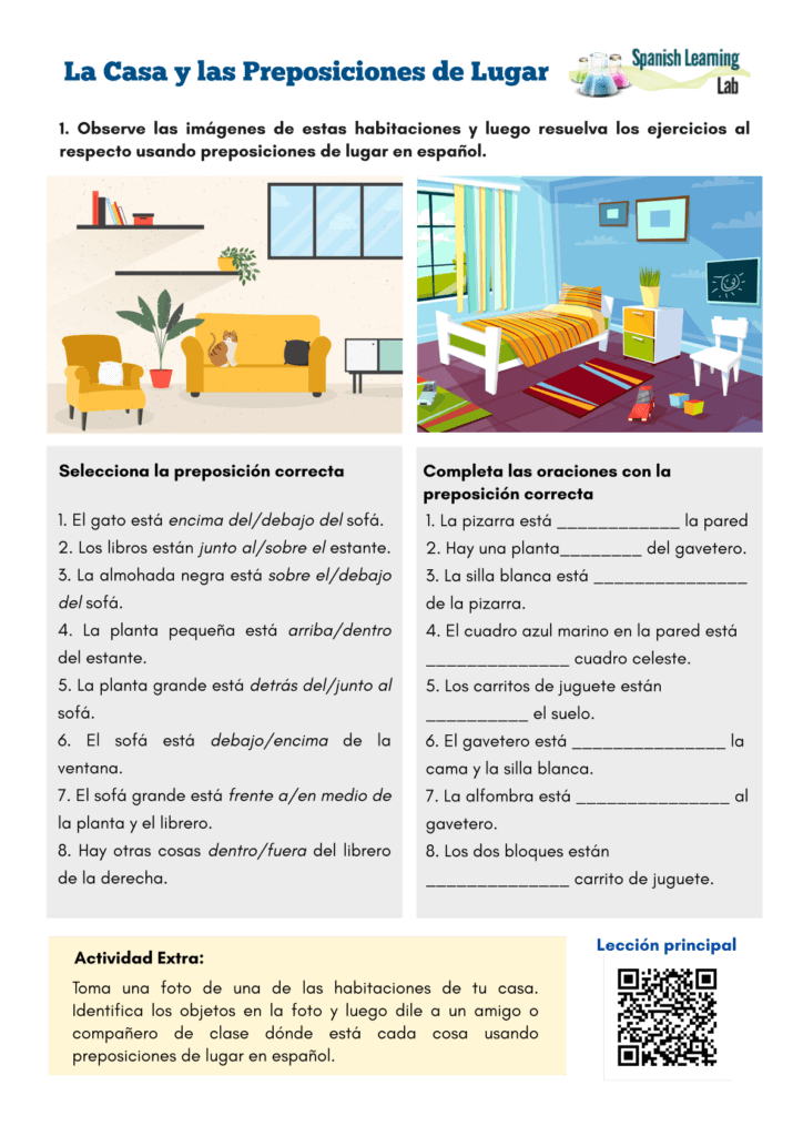 The house and prepositions of place - Spanish Worksheet PDF La Sala preposiciones de lugar español