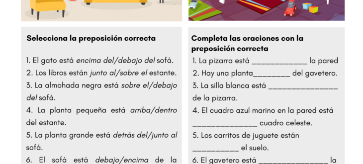 The house and prepositions of place - Spanish Worksheet PDF La Sala preposiciones de lugar español
