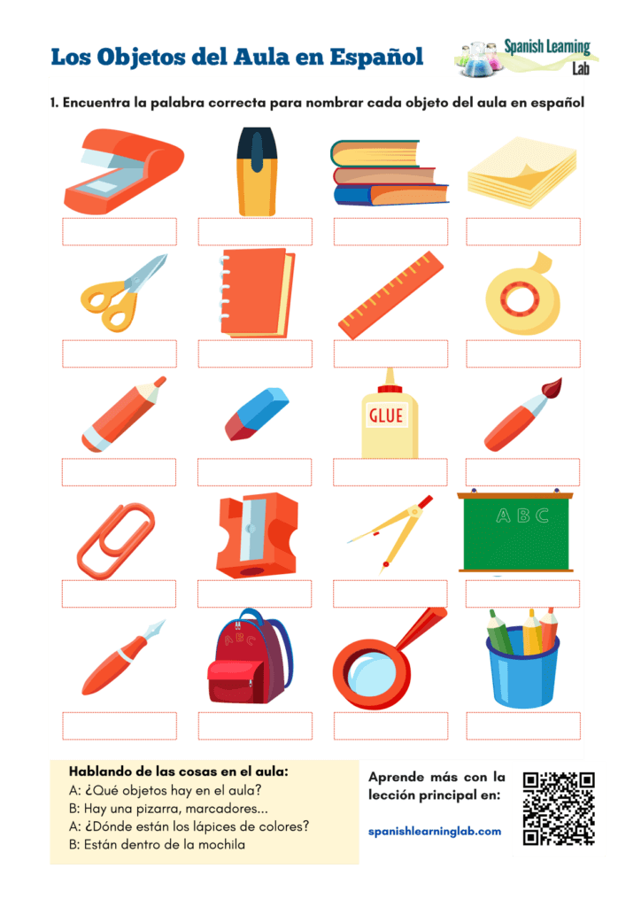 Classroom Objects in Spanish - PDF Worksheet