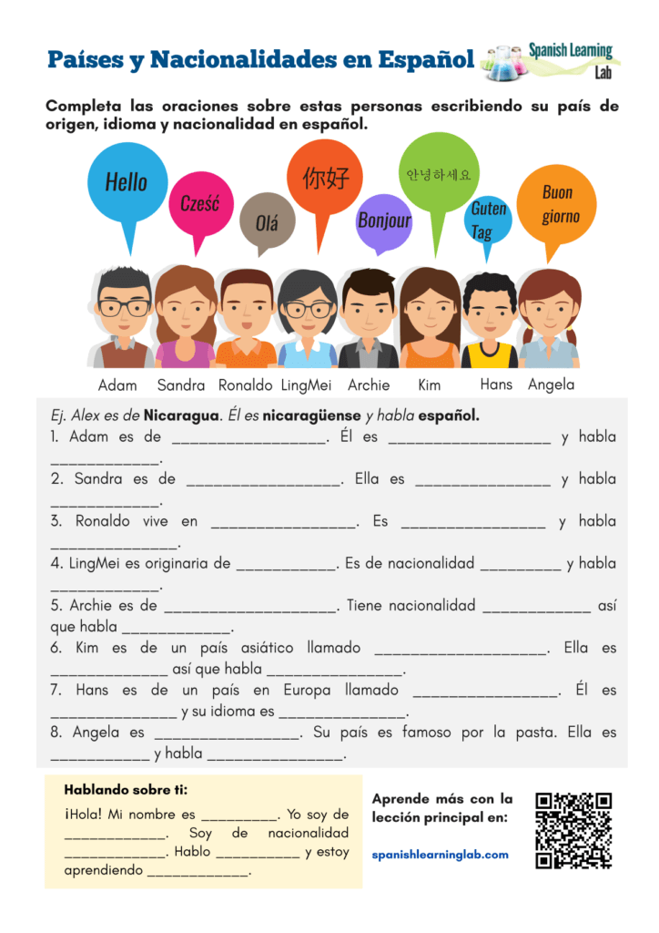 countries nationalities and languages in Spanish worksheet paises y nacionalidades español hoja de trabajo