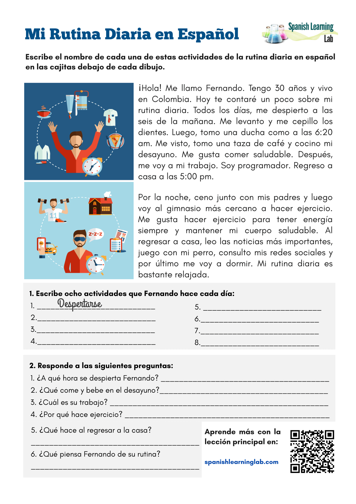 My Daily Routine in Spanish - PDF Worksheet - SpanishLearningLab In Que Hora Es Worksheet