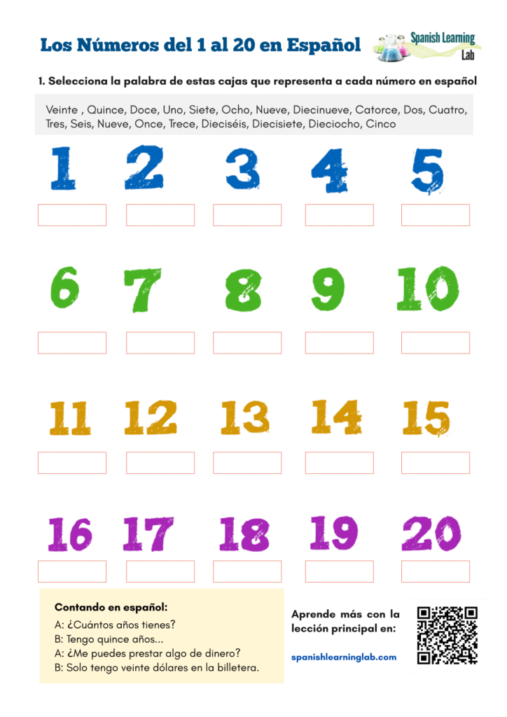numbers in Spanish 1 to 20 worksheet pdf los números del 1 al 20 ejercicios español