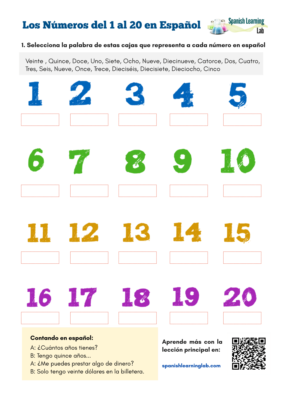 Numbers In Spanish From 1 To 20 Pdf Worksheet Spanish Learning Lab