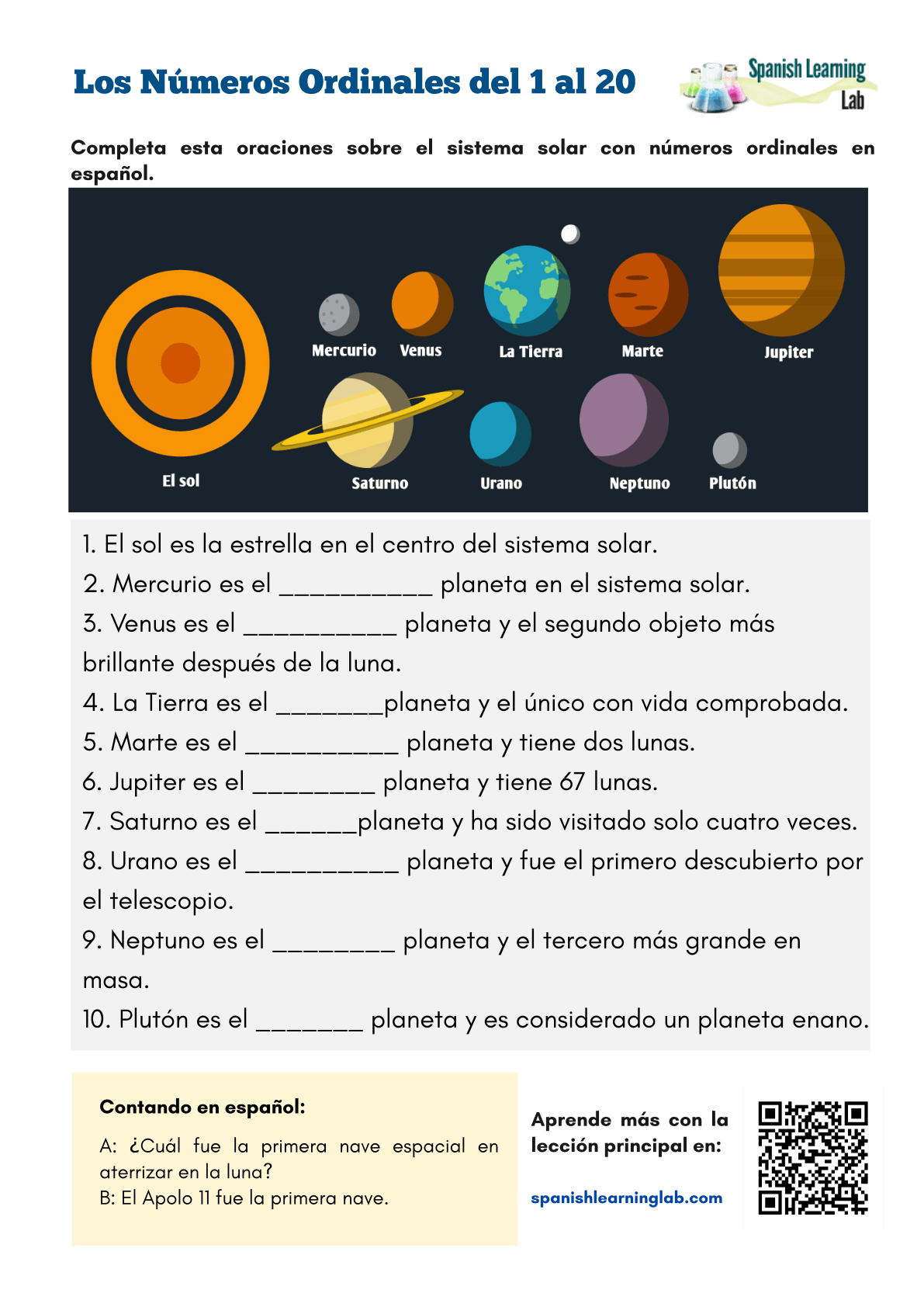 Los Números Ordinales en - Hoja de Trabajo PDF - SpanishLearningLab