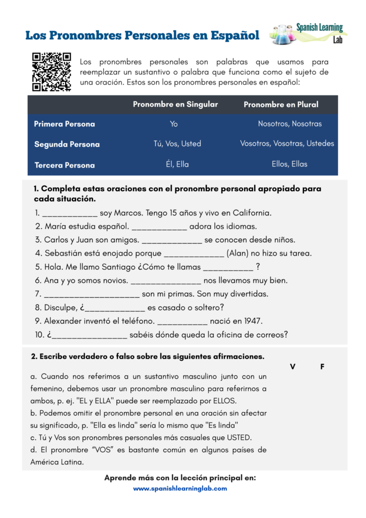 Los Pronombres Personales En Espa ol Hoja De Trabajo En PDF Spanish Learning Lab