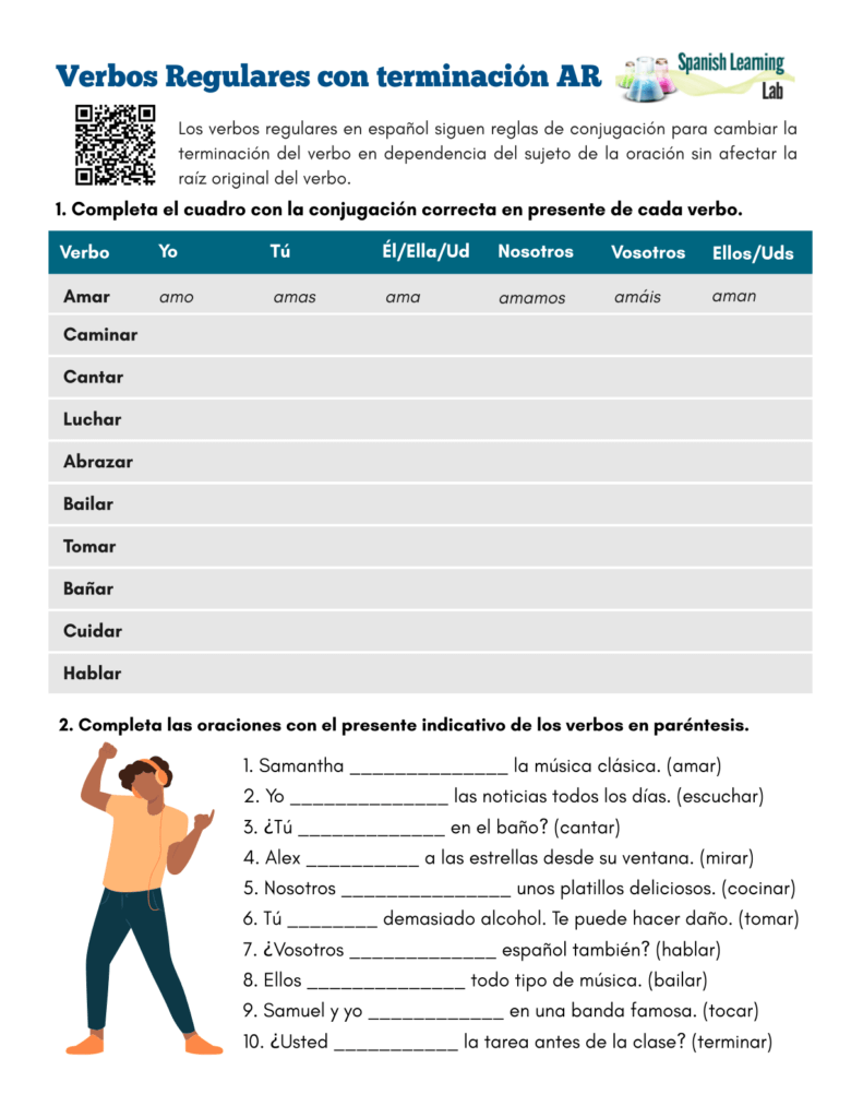 ar regular verbs in Spanish worksheet verbos regulares en español con terminación AR