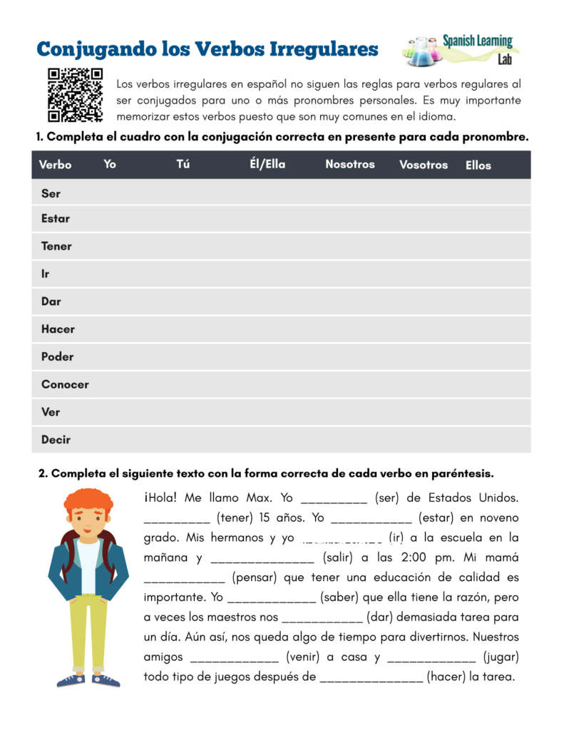 Conjugating Irregular Verbs in Spanish - PDF Worksheet - Conjugando los verbos irregulares en español ejercicios
