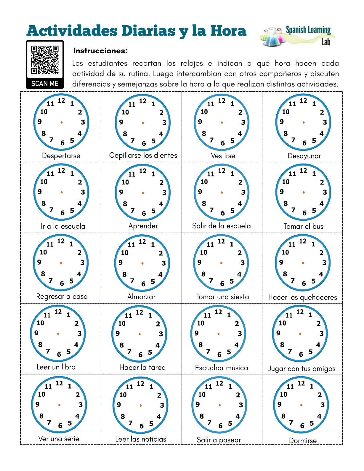 Daily Activities & Time in Spanish - PDF Worksheet Pertaining To Que Hora Es Worksheet