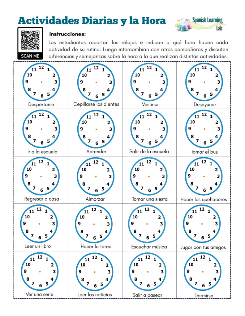 daily activities and time in Spanish pdf worksheet la hora en español ejercicios actividades diarias