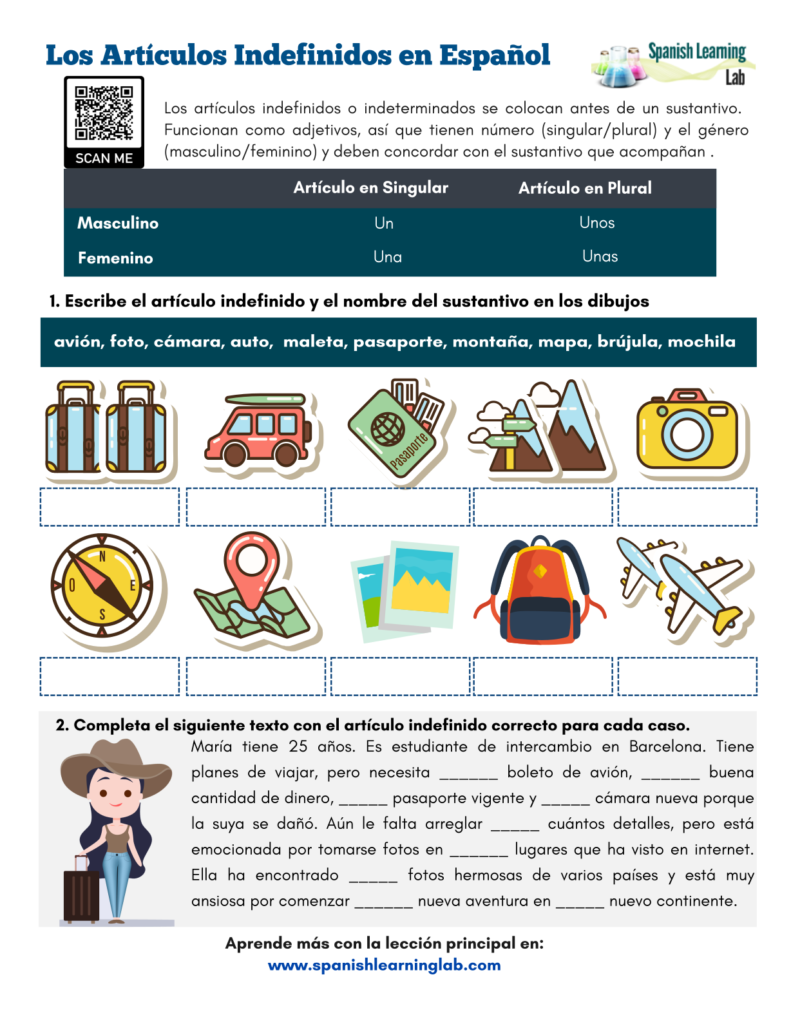 Los Artículos Indefinidos en Español Ejercicios en PDF Indefinite articles in Spanish worksheet pdf