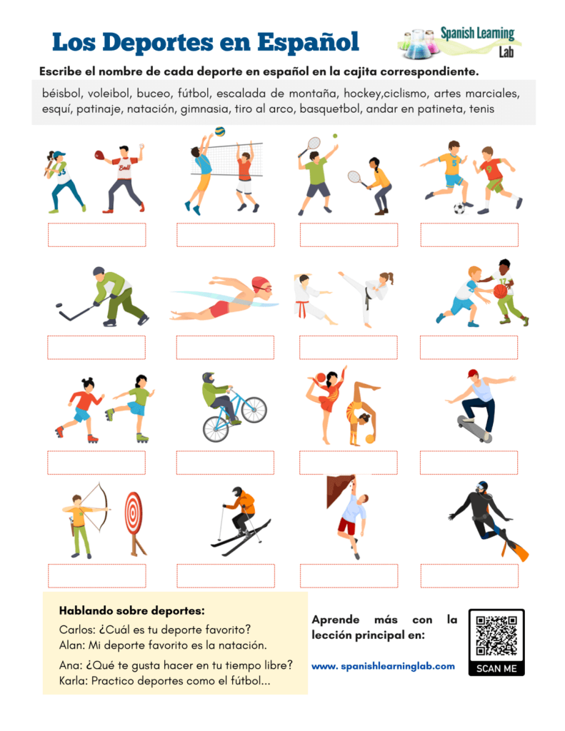 los deportes en español ejercicios hoja de trabajo PDF Sports in Spanish Worksheet PDF