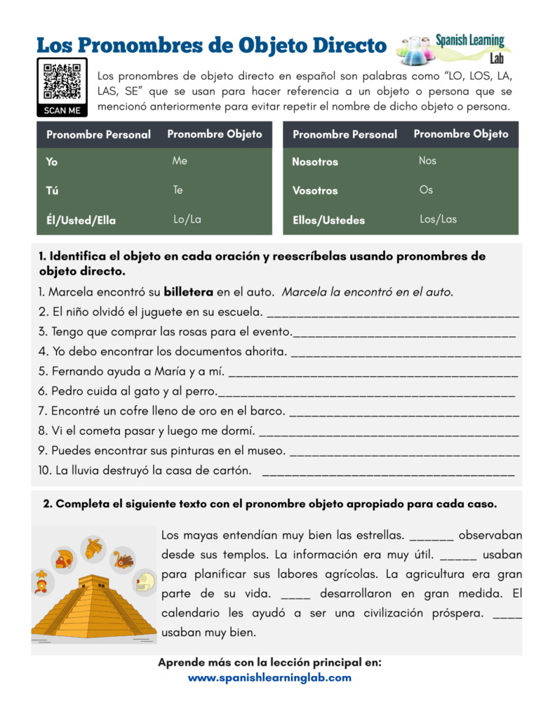 los pronombres de objeto directo en español ejercicios direct object pronouns Spanish worksheet