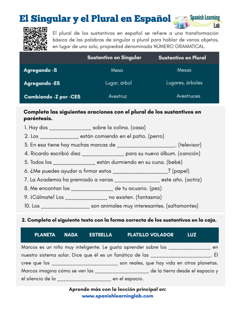 Singular and Plural Nouns in Spanish - PDF Worksheet - Ejercicios sobre el plural y el singular en español