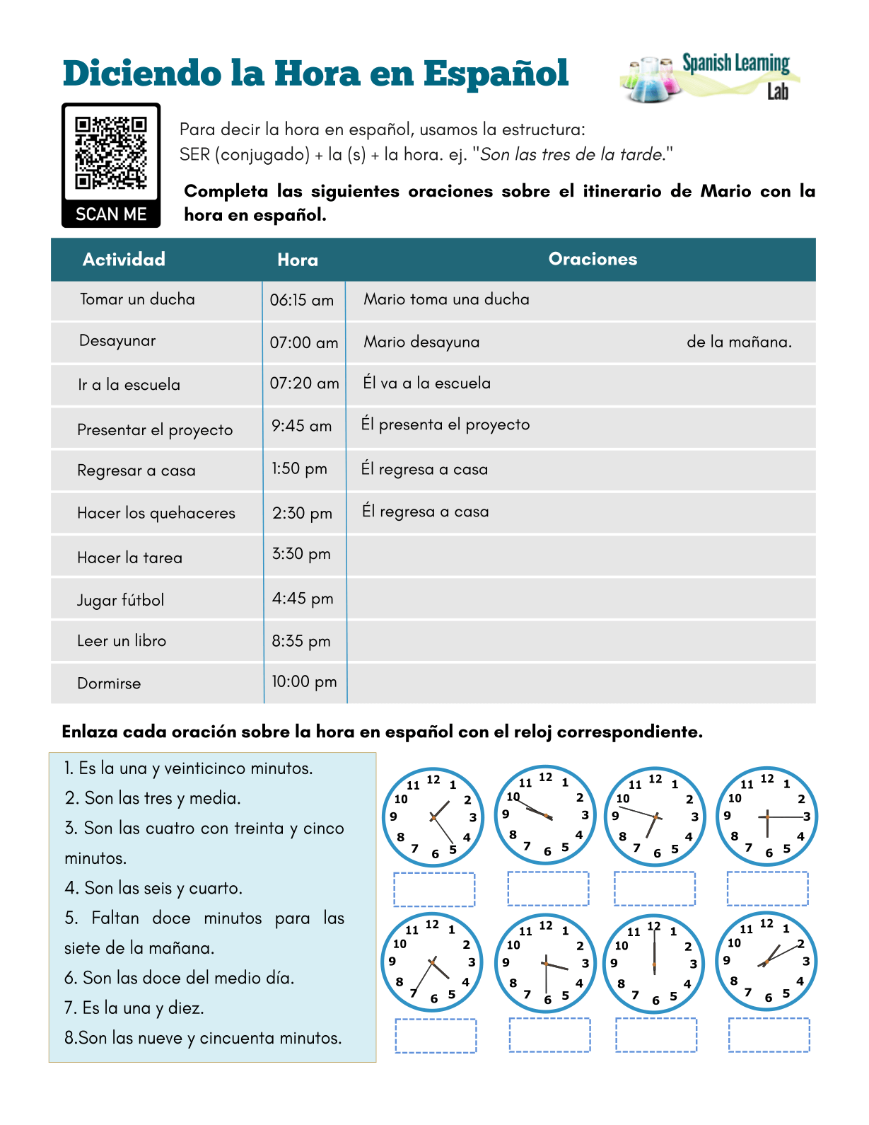 Telling Time in Spanish - PDF Worksheet - SpanishLearningLab Intended For Que Hora Es Worksheet