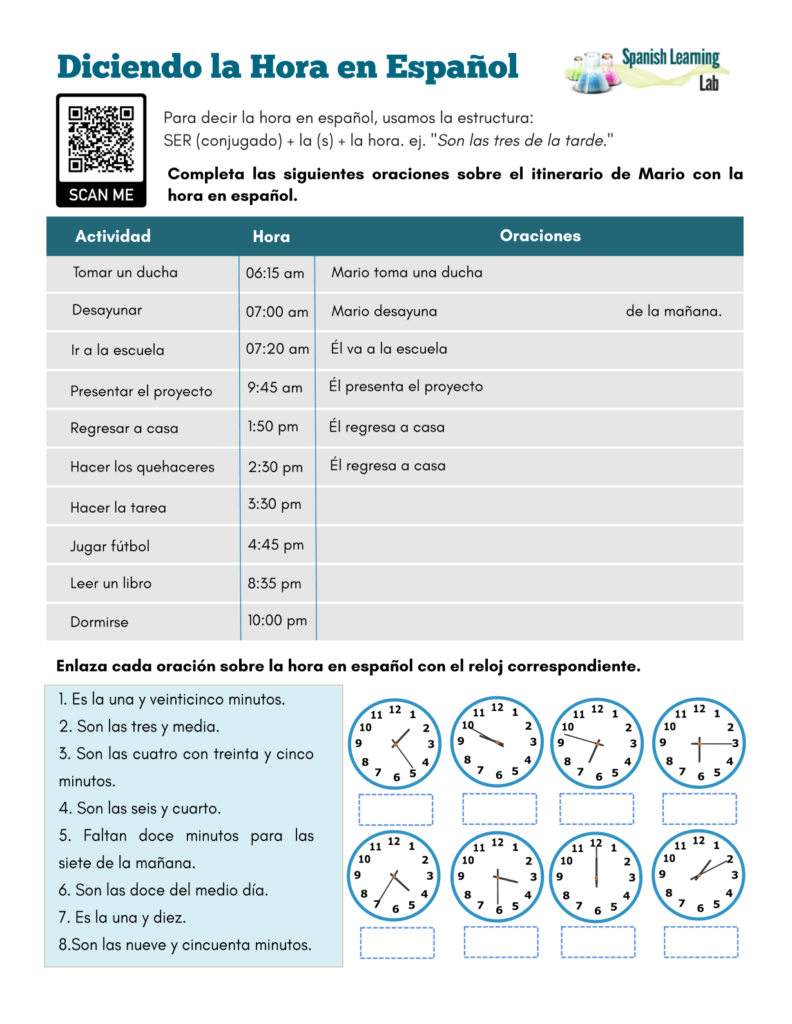 Telling Time in Spanish - PDF Worksheet Diciendo la hora en español ejercicios