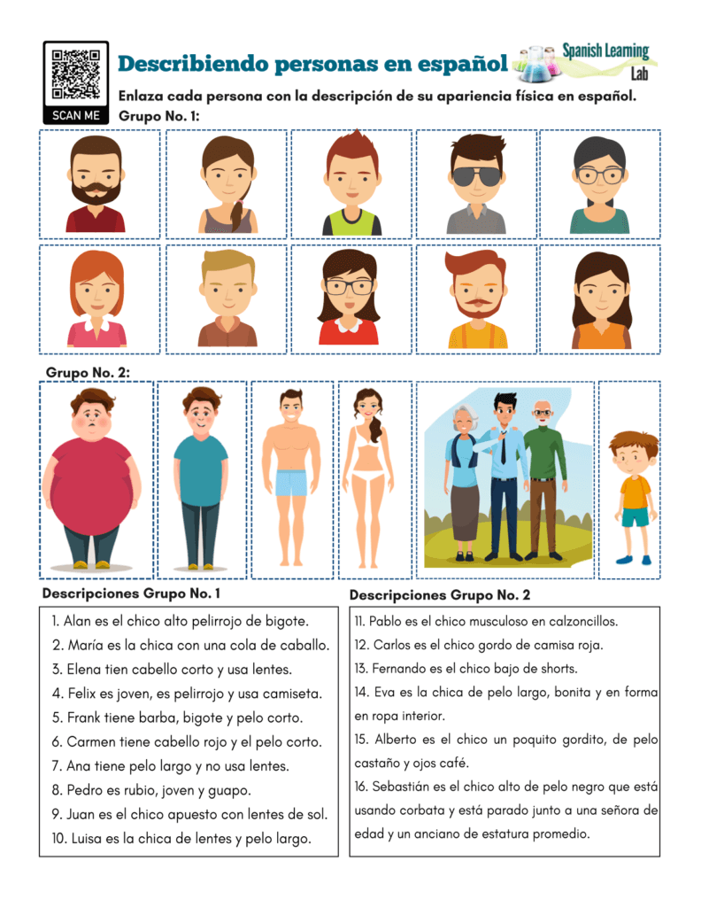 Describing People in Spanish - PDF Worksheet Describiendo personas en español ejercicios en PDF