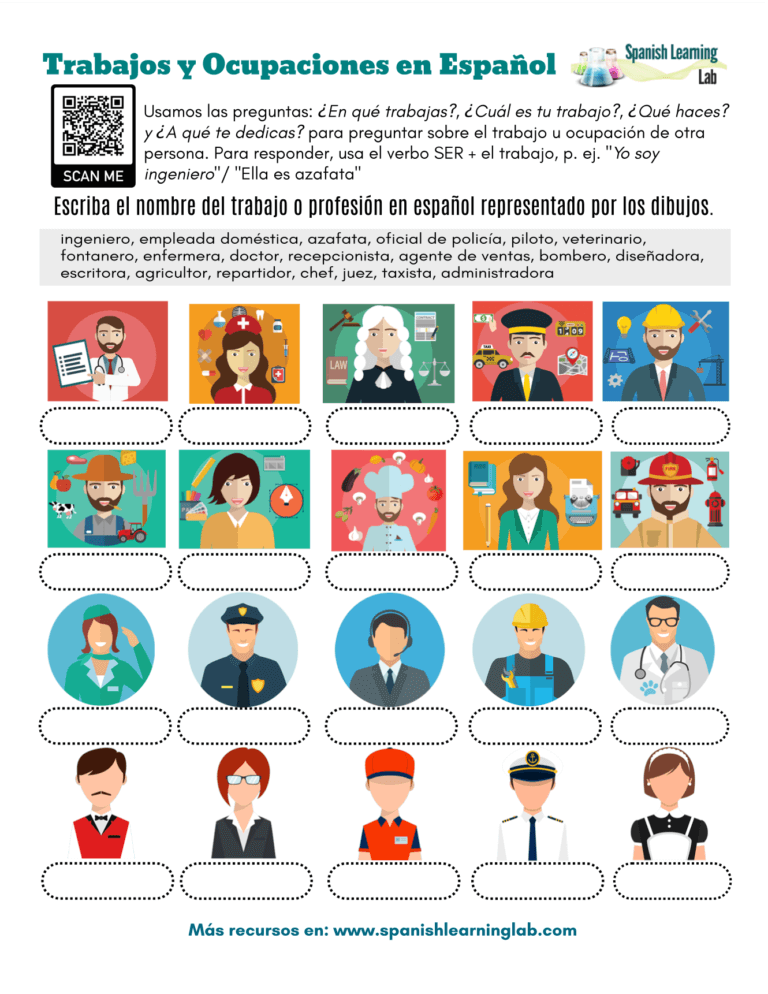 Jobs and Occupations in Spanish PDF Worksheet SpanishLearningLab