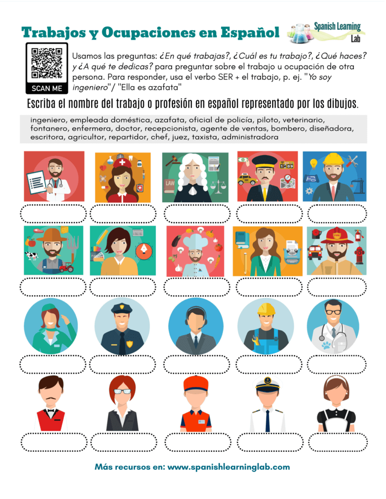 jobs-and-occupations-in-Spanish worksheet trabajos y ocupaciones ejercicios PDF