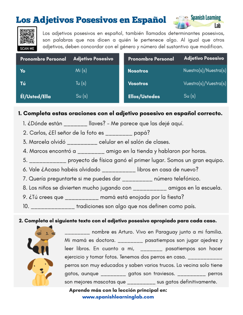 Possessive Adjectives in Spanish - PDF Worksheet - SpanishLearningLab With Possessive Adjective Spanish Worksheet