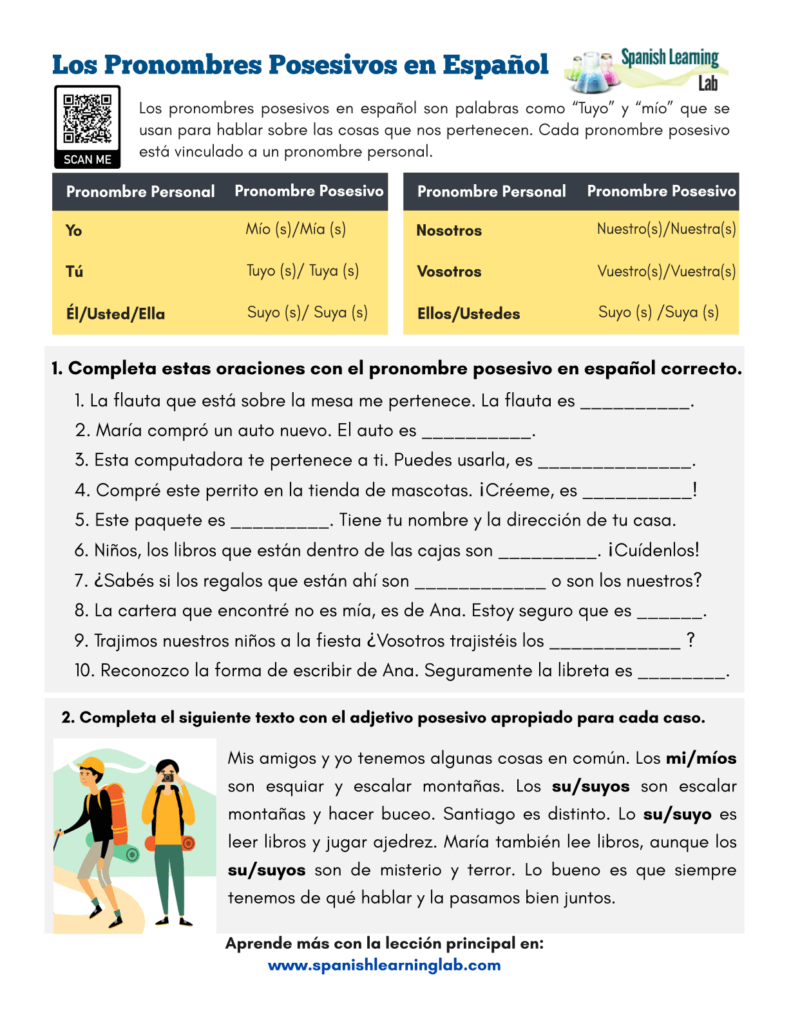 Possessive Pronouns in Spanish - PDF Worksheet - SpanishLearningLab With Regard To Possessive Adjectives Spanish Worksheet