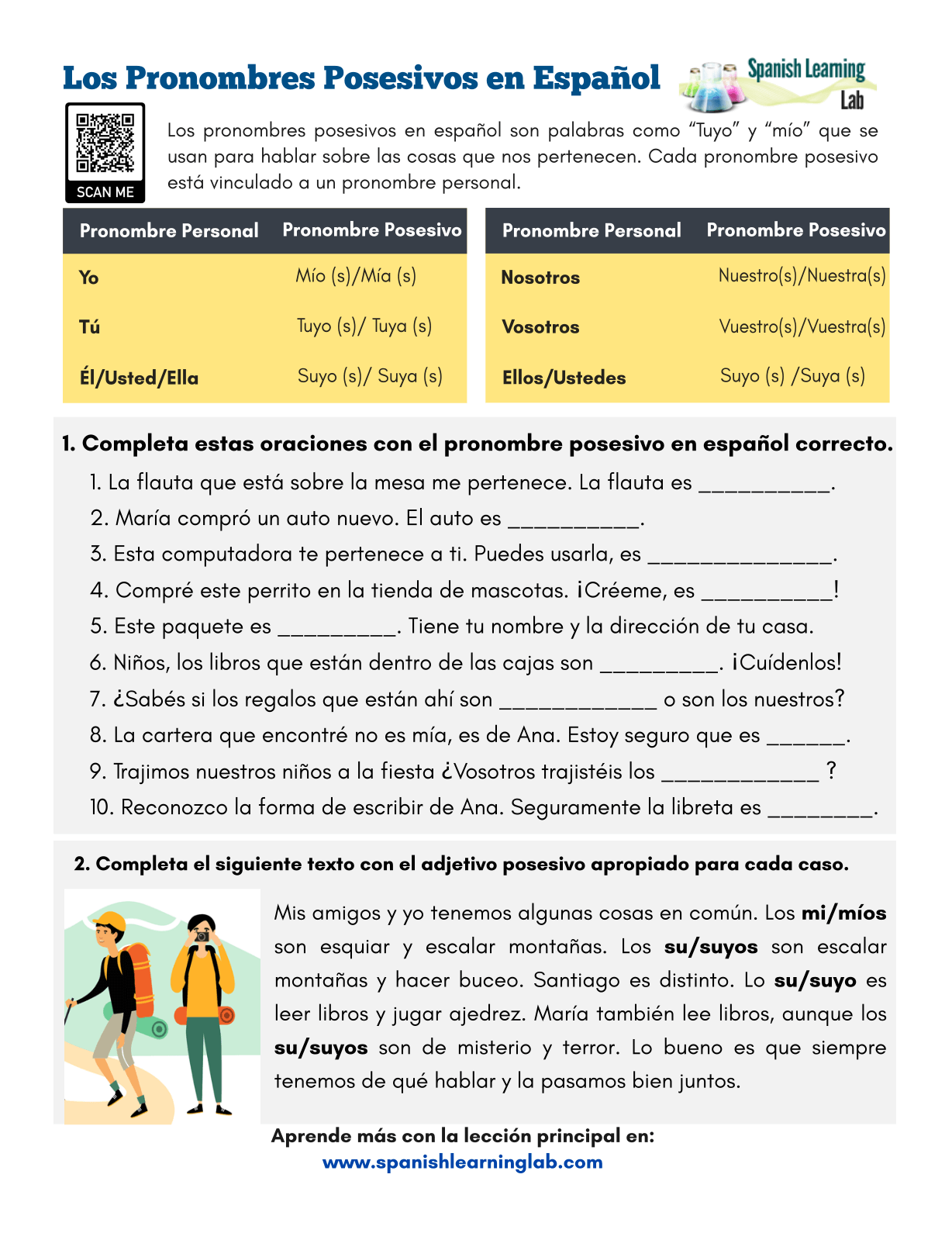 Possessive Pronouns in Spanish PDF Worksheet Spanish Learning Lab