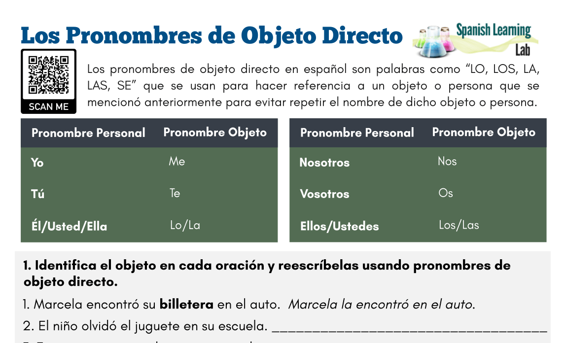 spanish direct object pronouns pdf worksheet spanishlearninglab