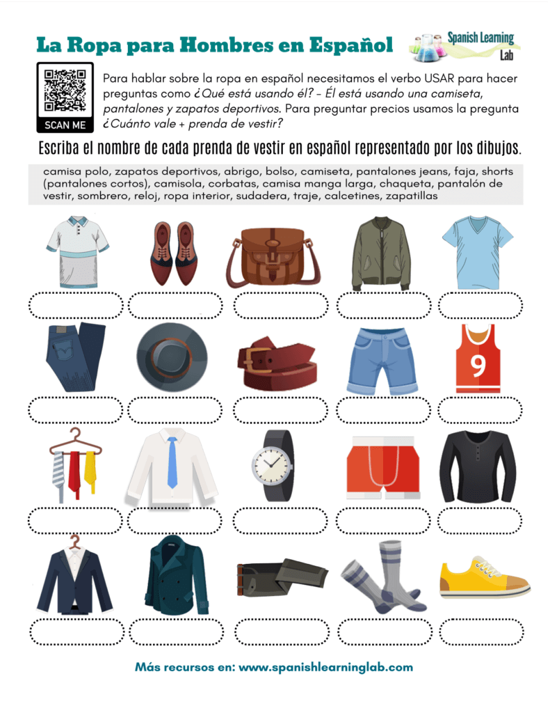 Men's Clothes in Spanish - PDF Worksheet ropa de hombre español ejercicios