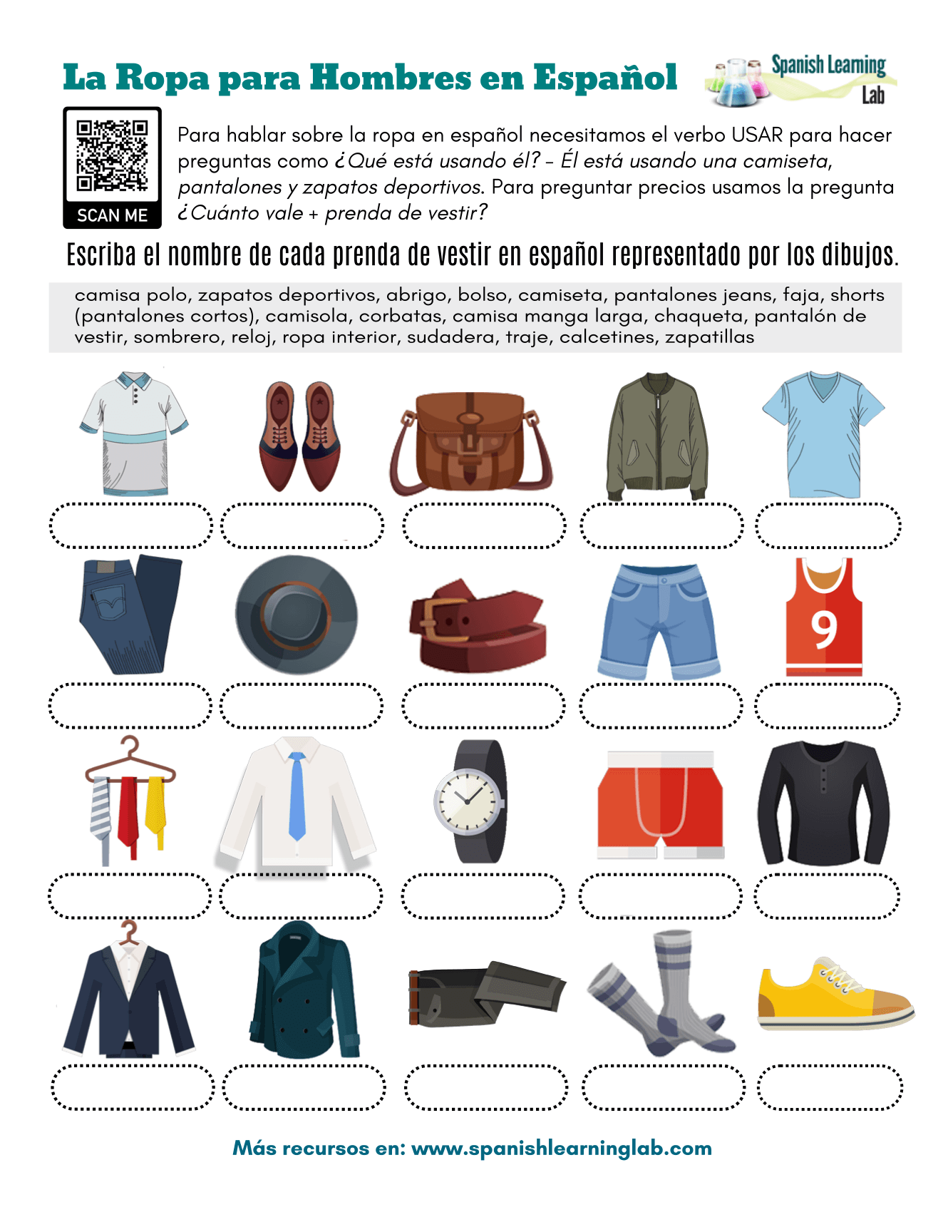 La Ropa para Hombres en Español Ejercicios PDF Spanish Learning Lab