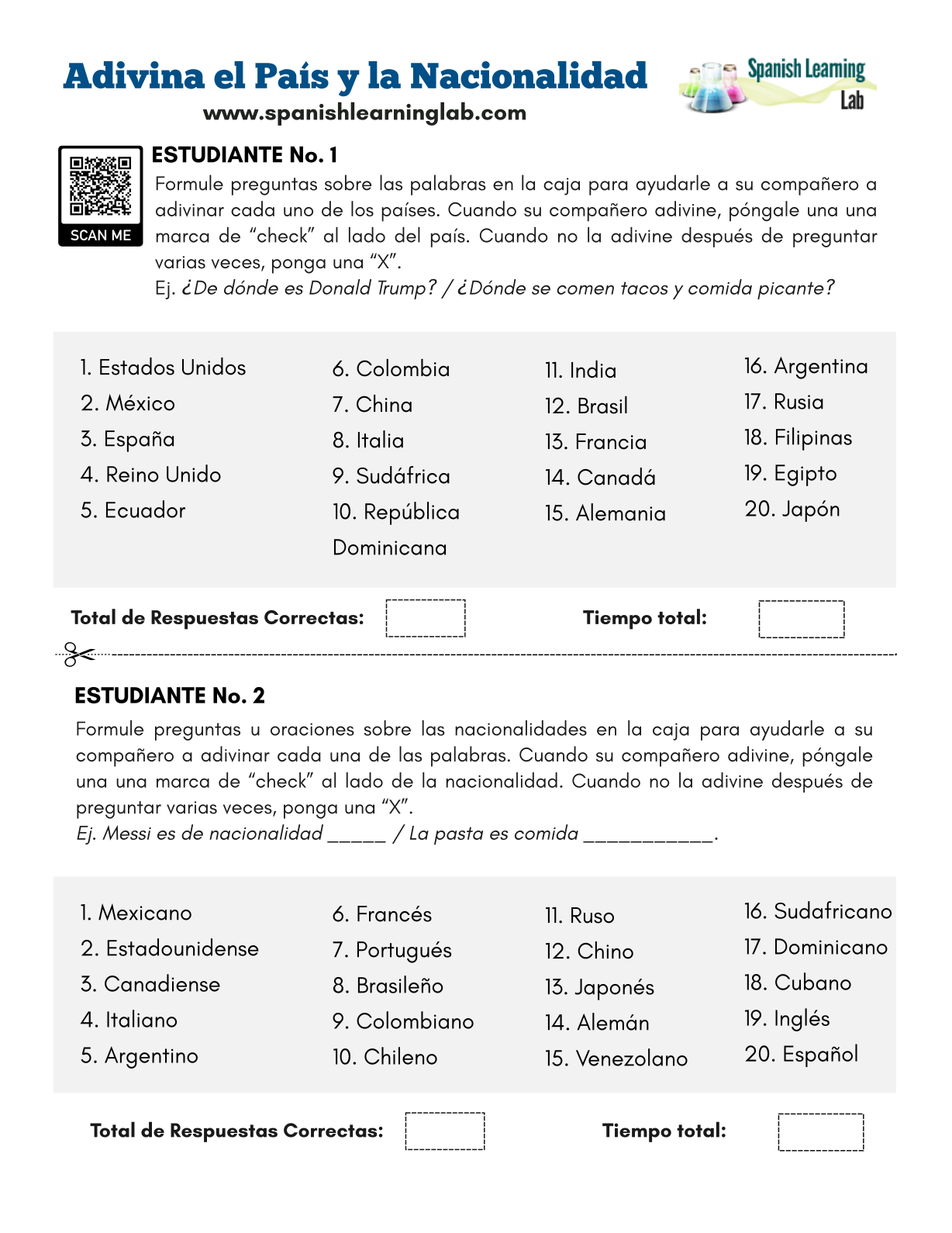 Guess the Country and Nationality in Spanish - PDF Worksheet In Spanish Speaking Countries Worksheet