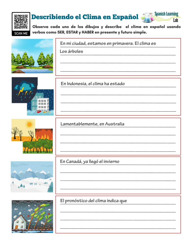 Describing the Weather in Spanish - PDF Worksheet Describiendo el clima en español hoja de trabajo ejercicios pdf