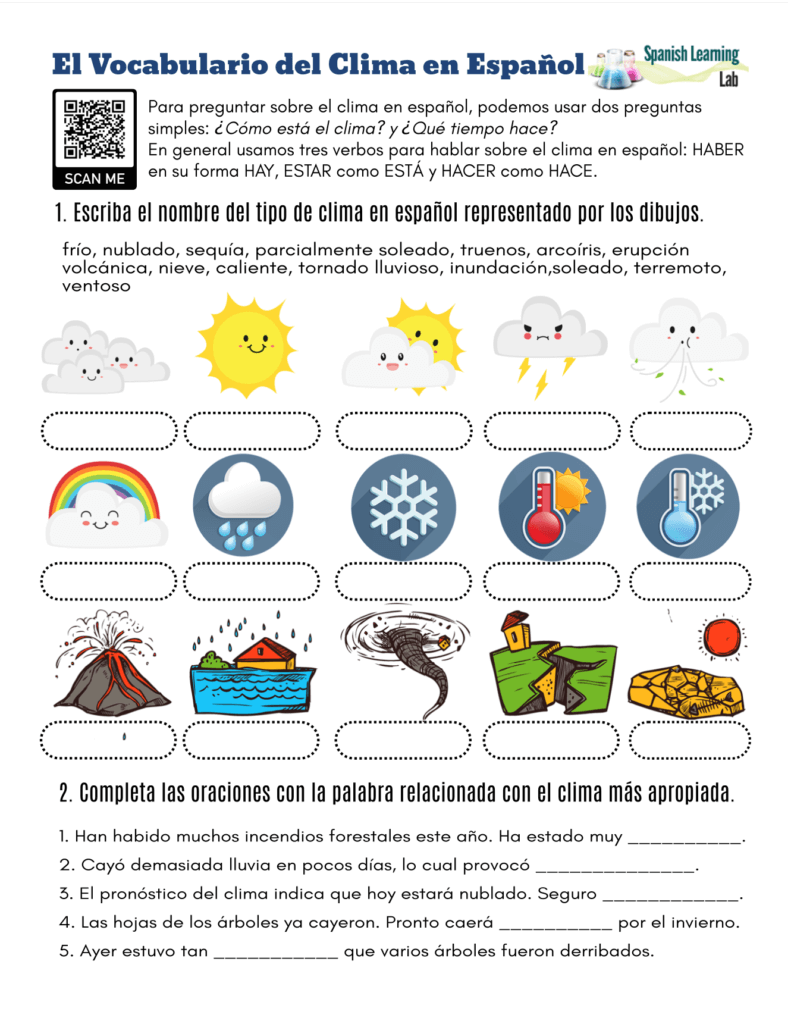The Vocabulary for the Weather in Spanish - PDF Worksheet
