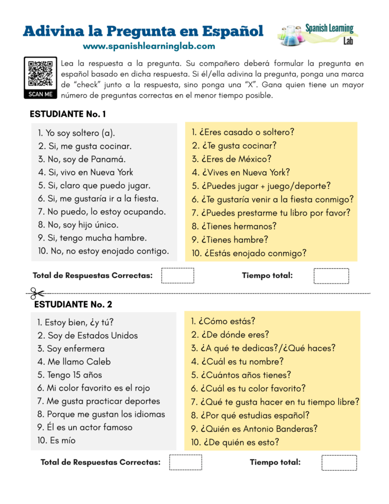guessing basic questions in Spanish pdf worksheet adivinando preguntas en español hoja de trabajo