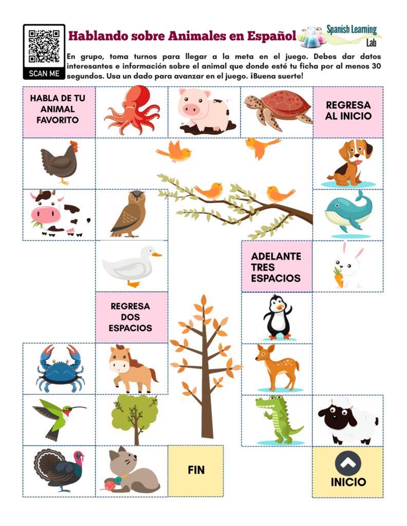 Animals facts in Spanish board game pdf worksheet hablando de animales español ejercicios