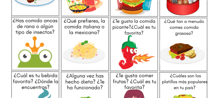 food in Spanish conversation cards pdf worksheet hablando de la comida en español ejercicios