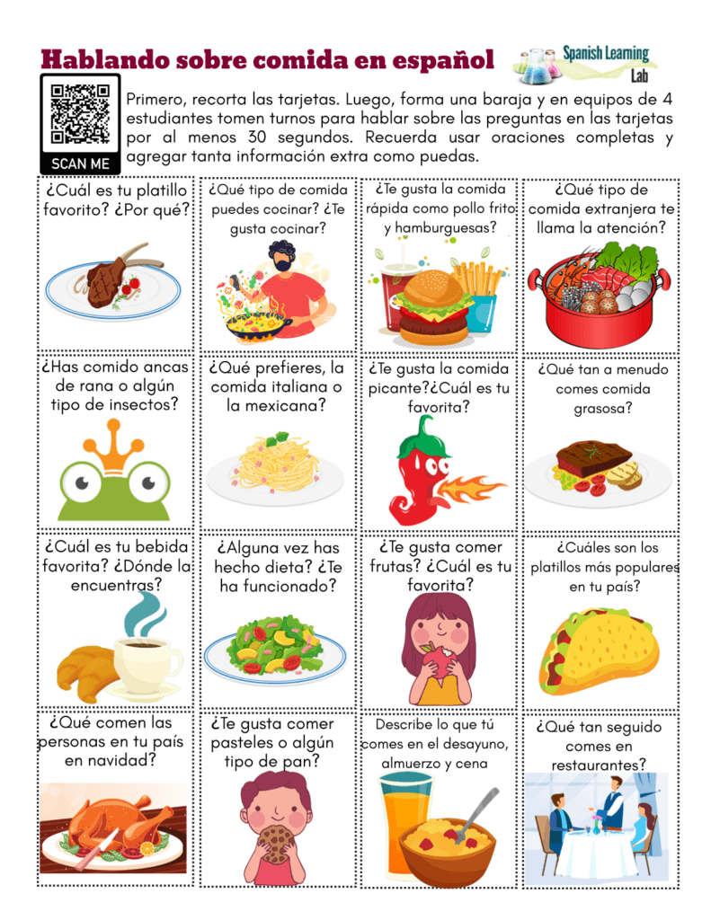 food in Spanish conversation cards pdf worksheet hablando de la comida en español ejercicios