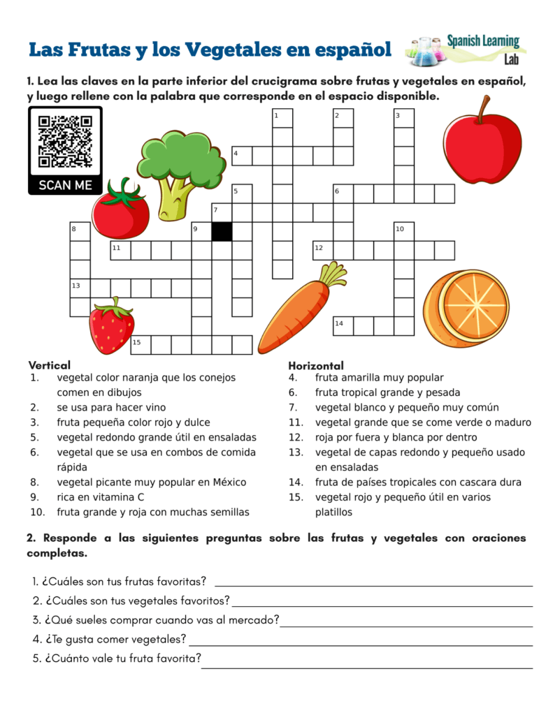 fruits and vegetables in Spanish crossword puzzle pdf worksheet crucigrama frutas y vegetales español