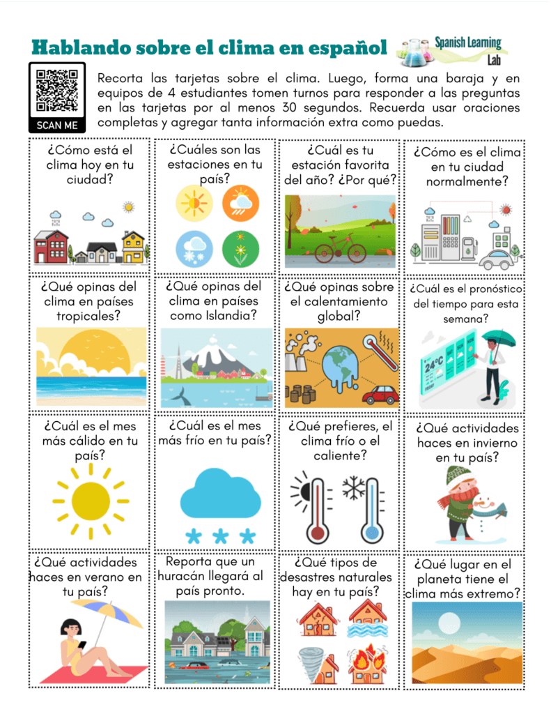 hablando del clima en español weather conversation cards Spanish pdf worksheet