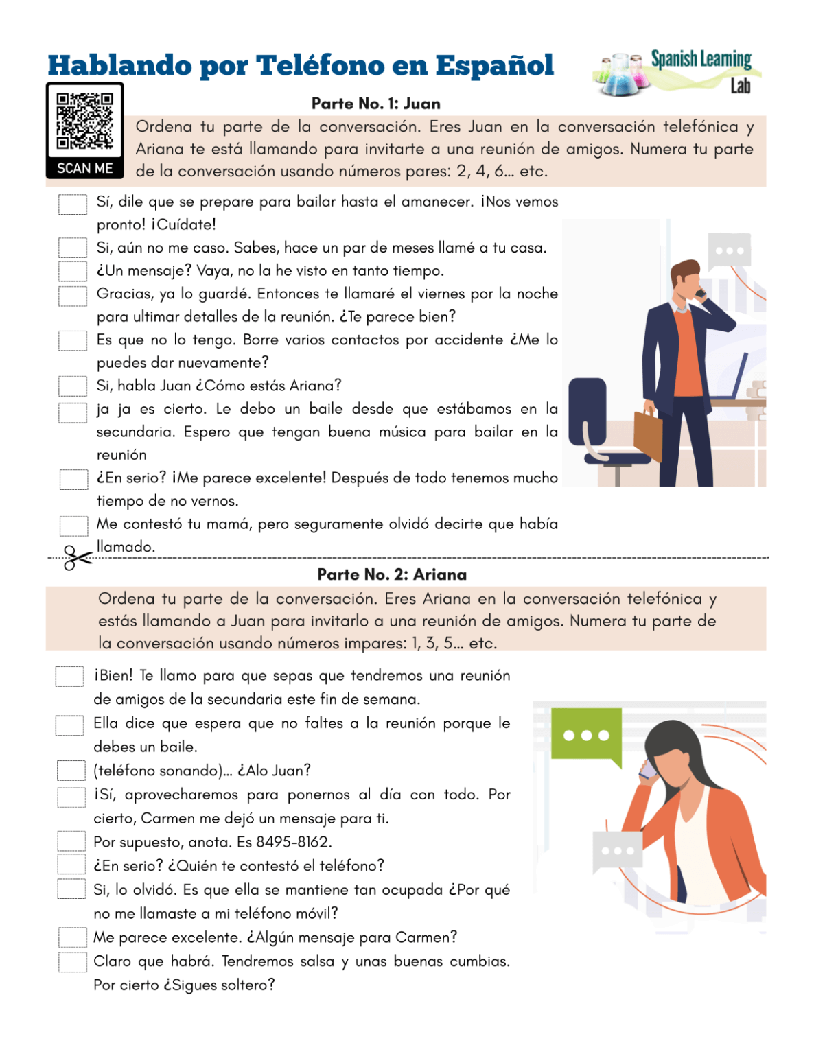 Having a phone conversation in Spanish - PDF Worksheet - SpanishLearningLab