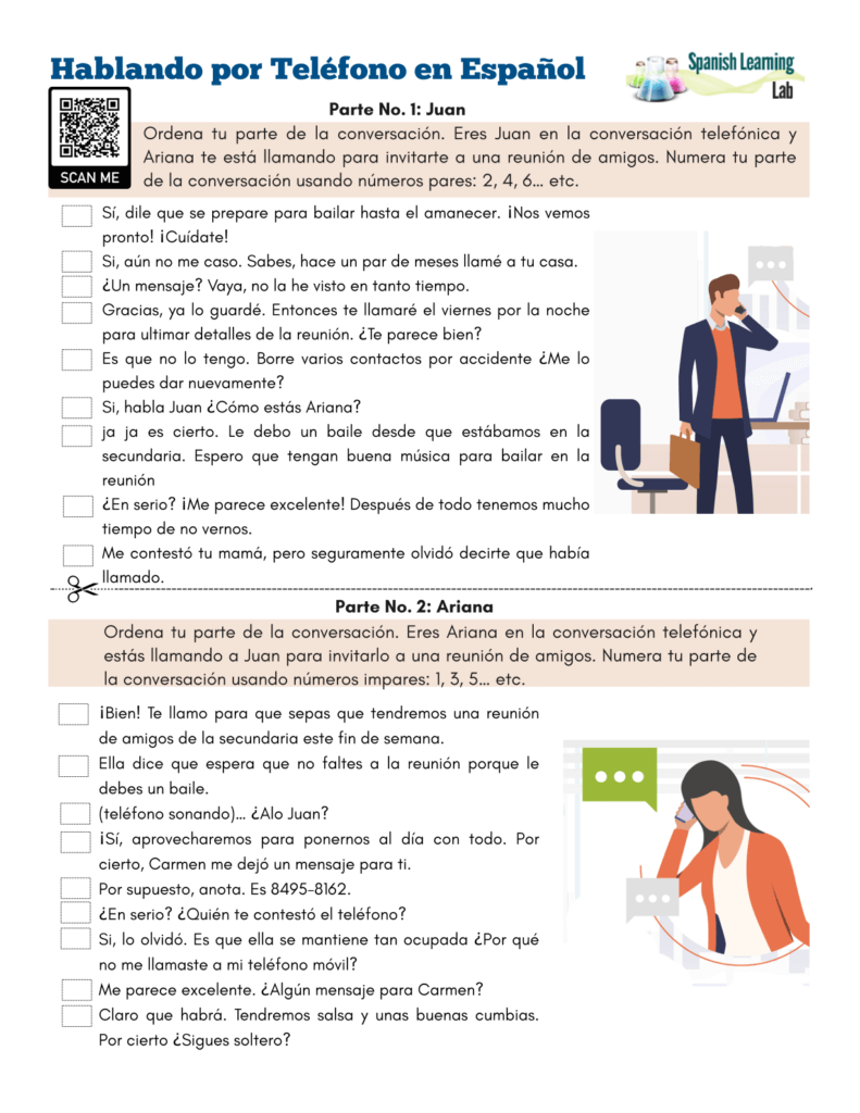 phone conversation in Spanish pdf worksheet hablando por telefono en español