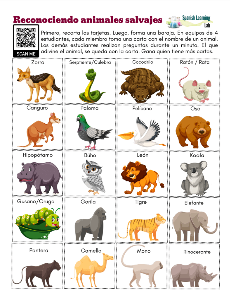 reconociendo animales salvajes en español recognizing wild animals in Spanish pdf woksheet